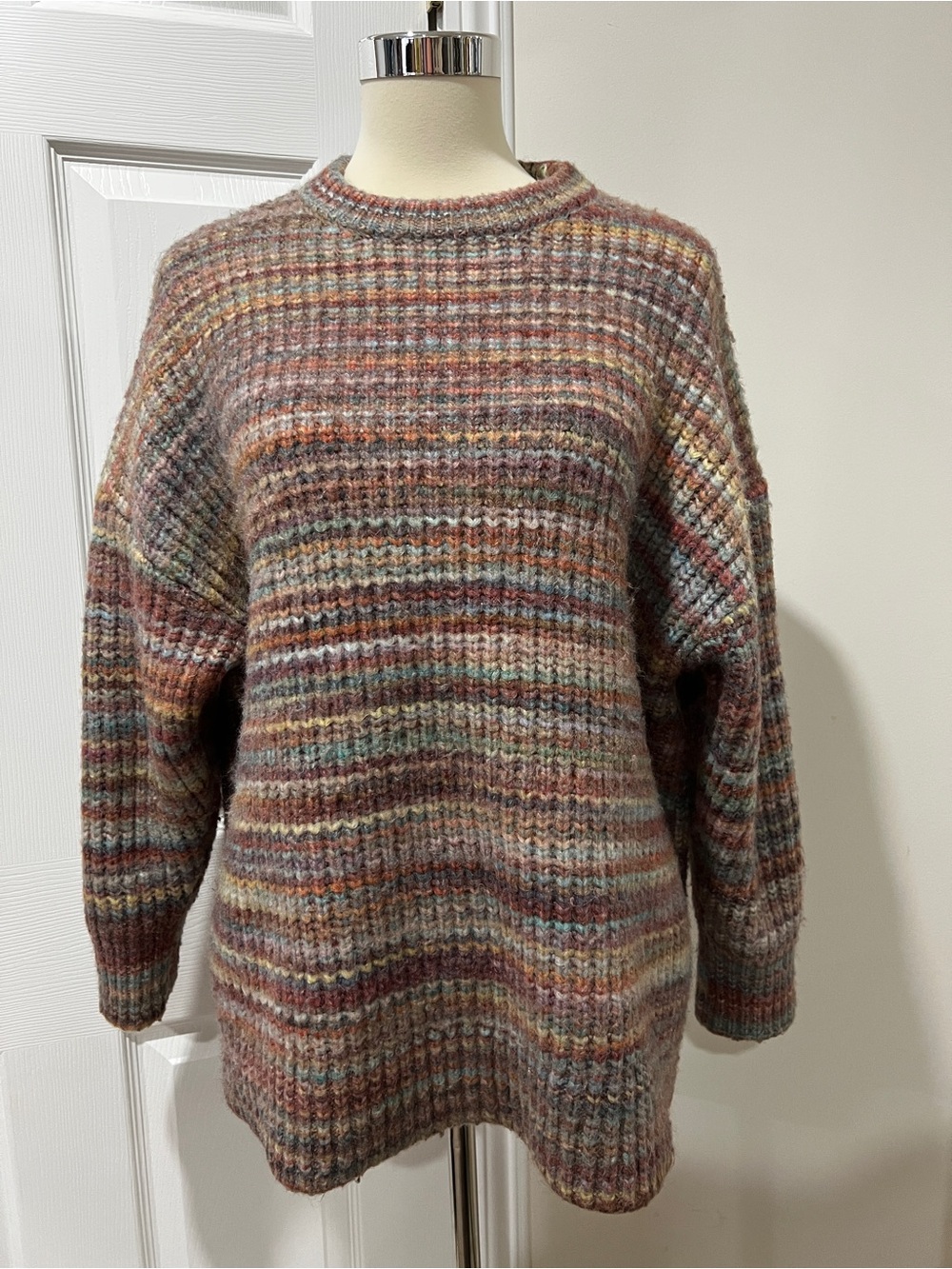 ZARA Textured Striped Multicolor Knitted Crew Sweater Chunky Unisex Size Medium